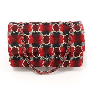 Red Tweed Silver Chain Classic Medium Flap Shoulder Bag